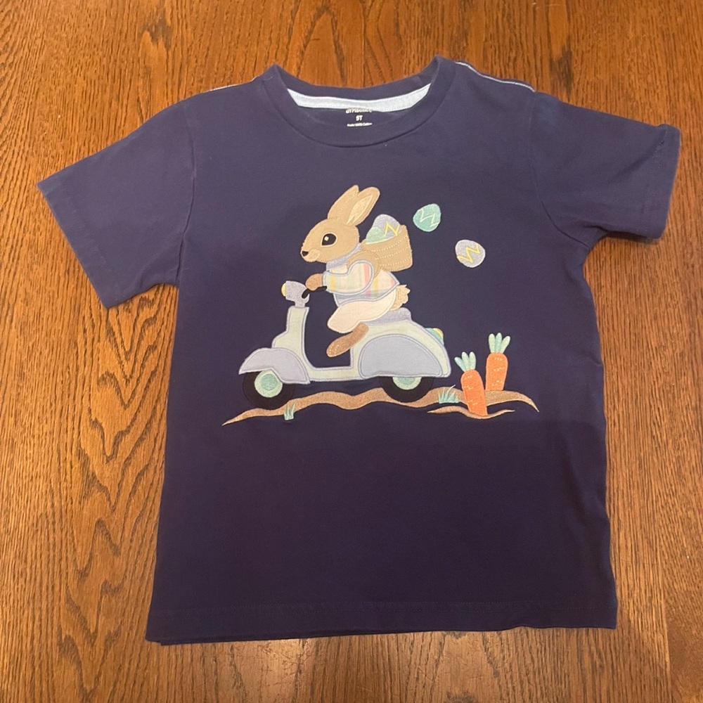 Gymboree Boys 5T Embroidered Easter Bunny Scooter Short Sleeve Navy Blue Tee